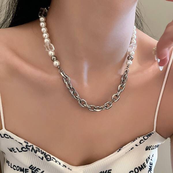 

Faux Pearl Decor Necklace, Silver