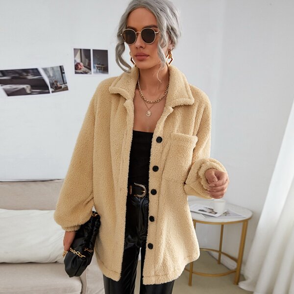 

Pocket Front Drop Shoulder Flannel Coat, Apricot