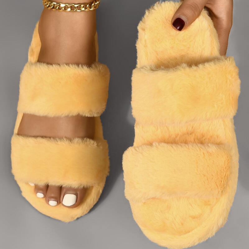 

Fluffy Wide Fit Slides, Yellow