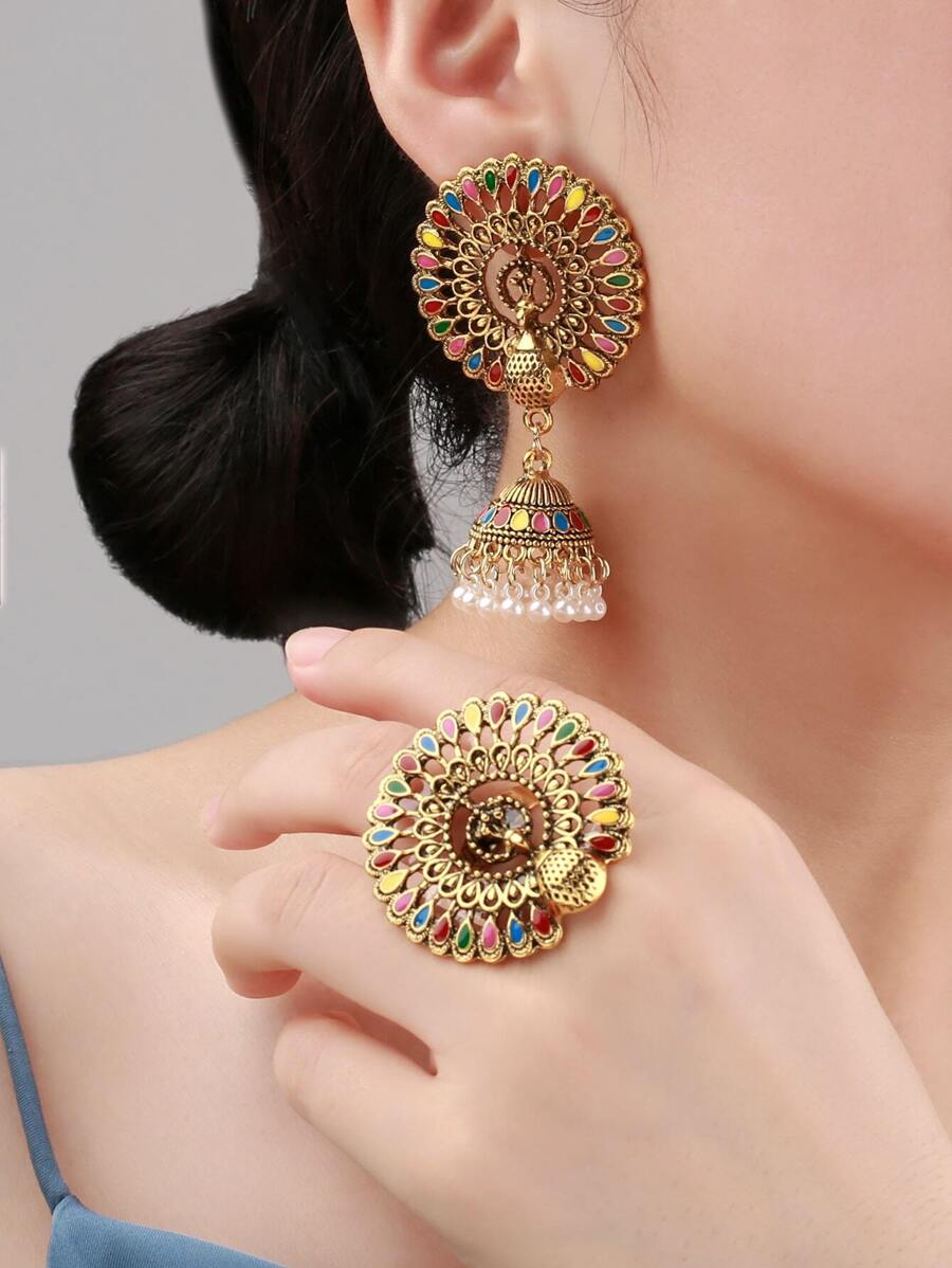 Faux Pearl Tassel Earrings Drop Earrings & Ring - Multicolor - View 1