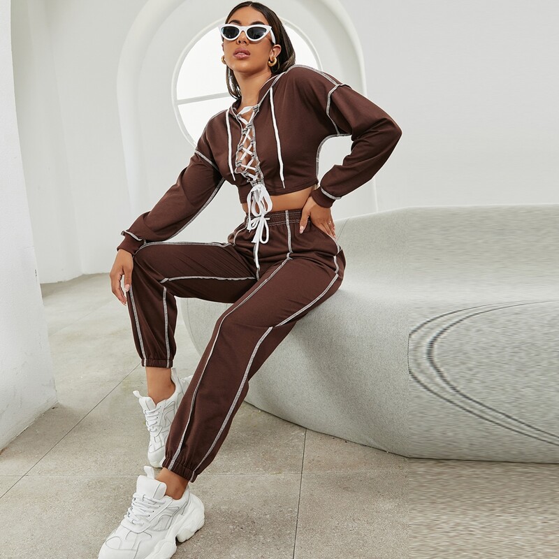 

Lace Up Front Top-stitching Crop Hoodie & Sweatpants, Chocolate brown