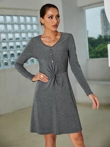 SHEIN Essnce 雜色針織單排釦前扭結洋裝 - 灰色 - 查看 3