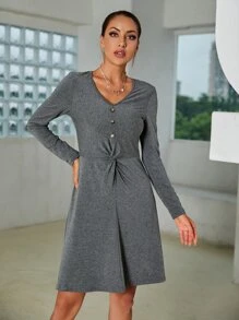 SHEIN Essnce 雜色針織單排釦前扭結洋裝 - 灰色 - 查看 7