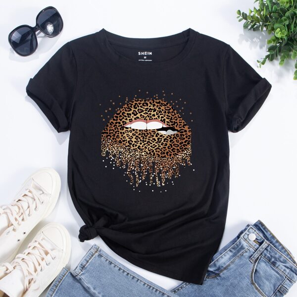 

Leopard & Lip Print Round Neck Tee, Black
