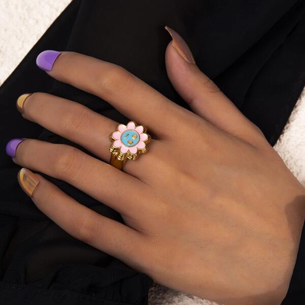 

Flower Decor Cuff Ring, Pink