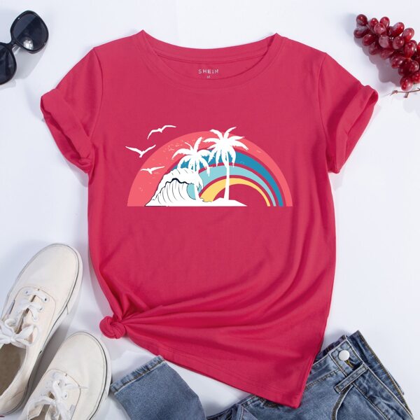 

Rainbow Print Round Neck Tee, Red