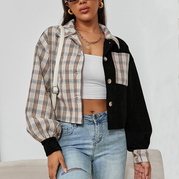 

Plaid Print Patched Pocket Drop Shoulder Jacket, Multicolor