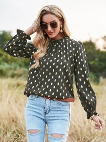 Allover Print Flounce Sleeve Frill Neck Blouse - Army Green - View 1