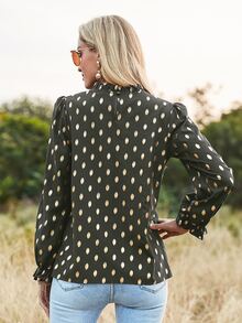 Allover Print Flounce Sleeve Frill Neck Blouse - Army Green - View 2