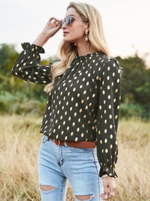 Allover Print Flounce Sleeve Frill Neck Blouse - Army Green - View 3