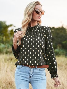 Allover Print Flounce Sleeve Frill Neck Blouse - Army Green - View 4