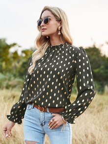 Allover Print Flounce Sleeve Frill Neck Blouse - Army Green - View 5