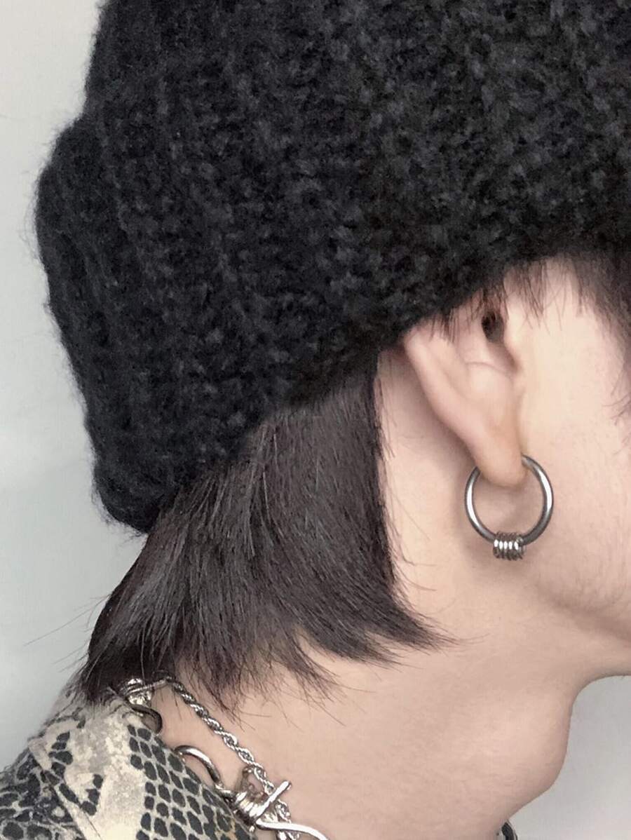 Fashionable and Popular Men Ring Decor Hoop Earrings Stainless Steel Punk Hip Pop Style for Jewelry Gift and for a Stylish Look - Silver - View 1