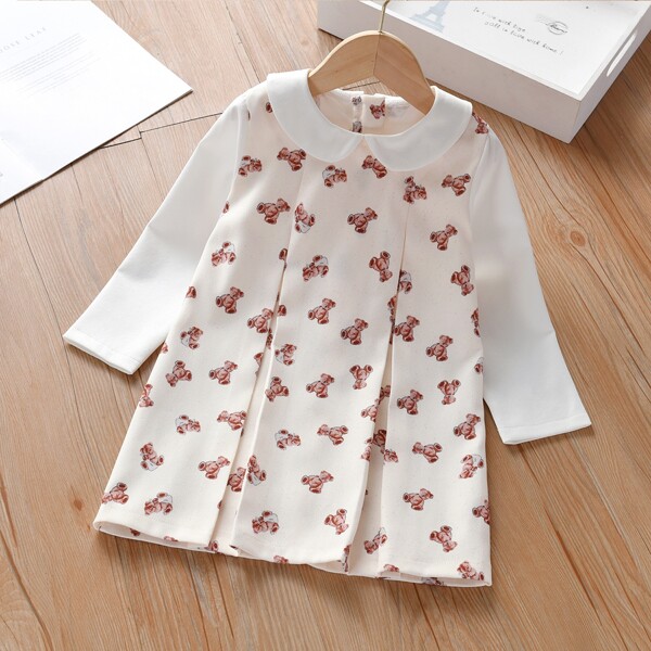 

Toddler Girls Peter Pan Collar Bear Print Plicated Tunic Dress, Apricot