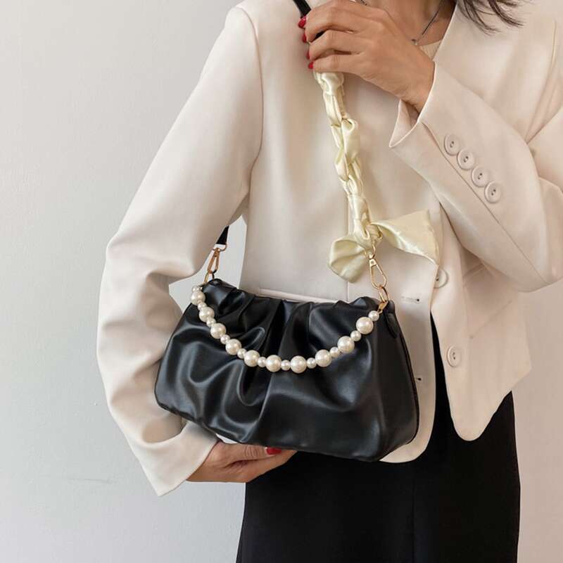 

Faux Pearl Decor Ruched Bag, Black