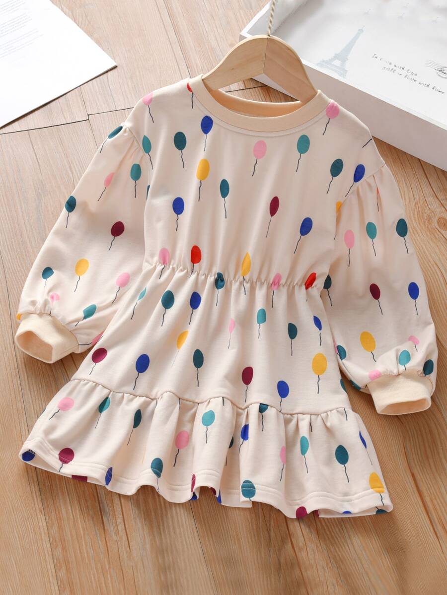 小女童氣球圖案荷葉邊連衣裙 - 杏色 - 查看 1