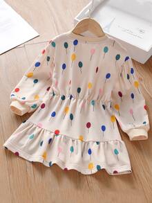 小女童氣球圖案荷葉邊連衣裙 - 杏色 - 查看 2