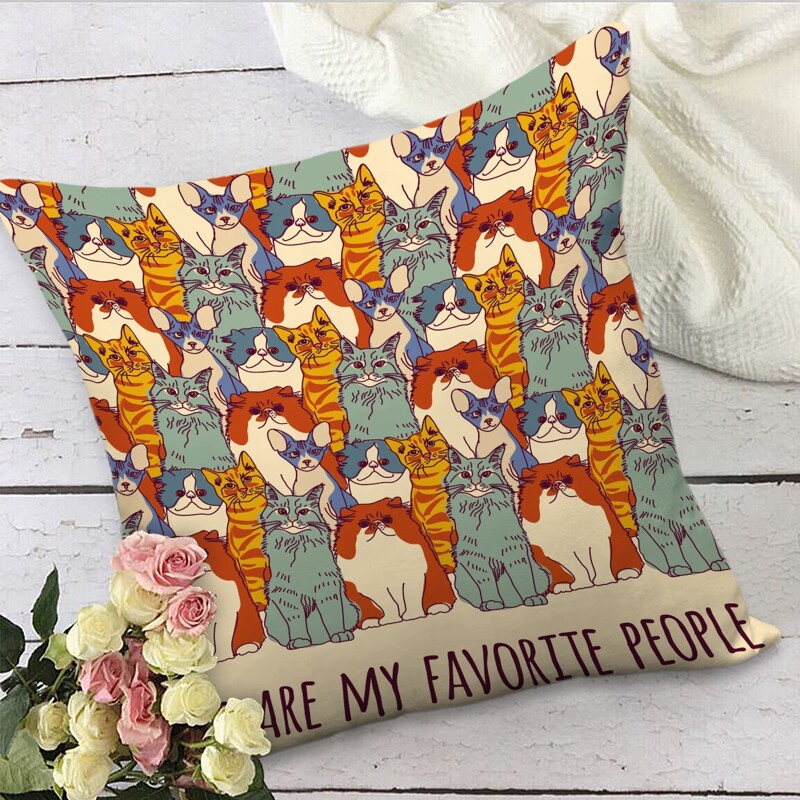 

Cartoon Cat Print Cushion Cover Without Filler, Multicolor