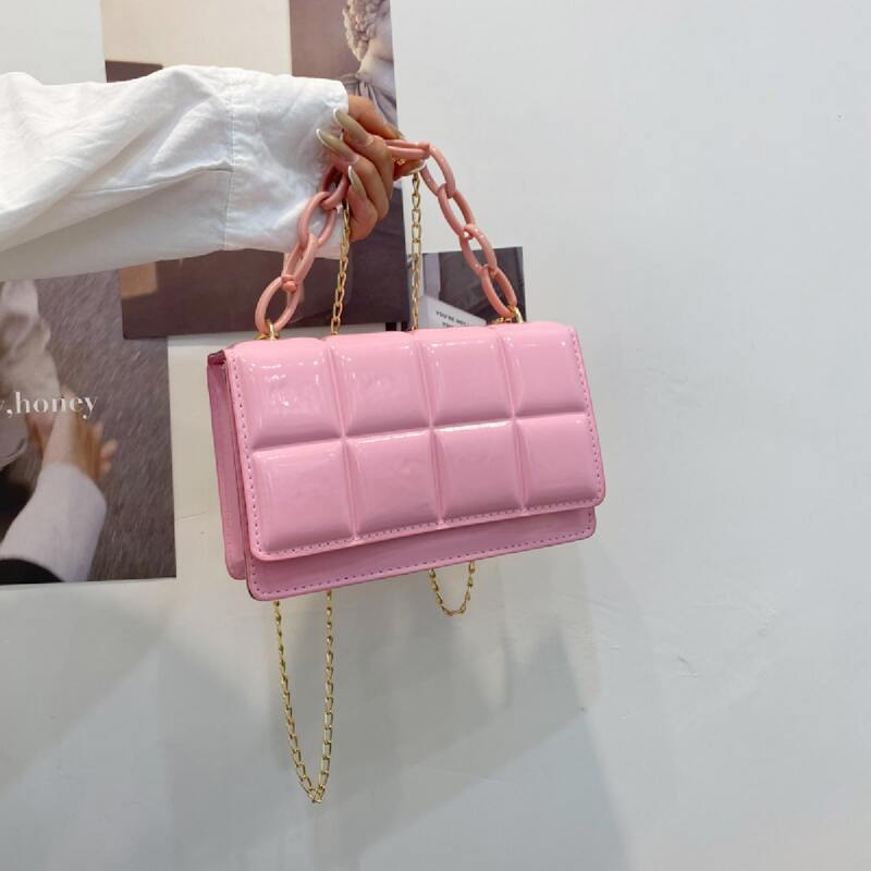 

Chain Decor Quilted Flap Shoulder Bag, Pink