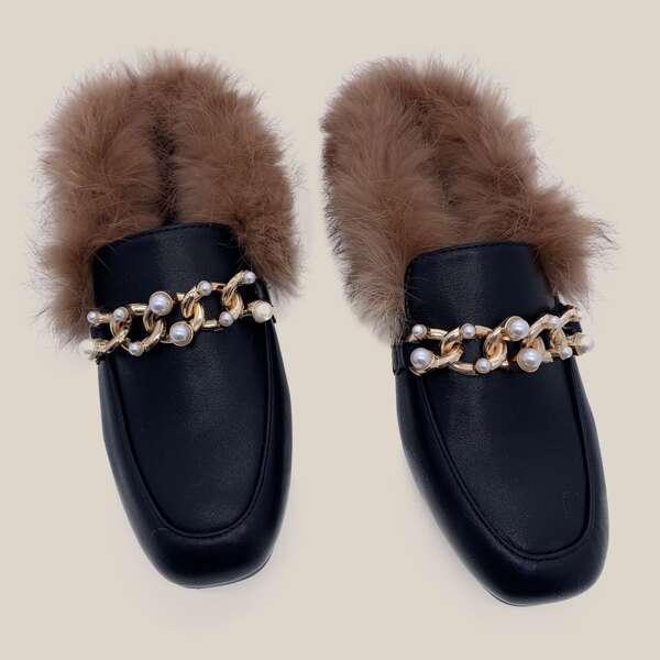 

Chain Decor Fluffy Loafer Mules, Black