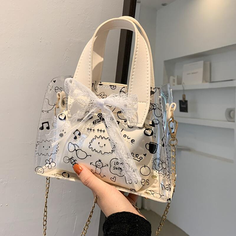 

Cartoon Print Chain Strap Bag, Beige