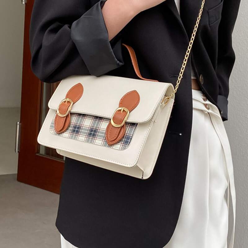 

Plaid Chain Strap Satchel Bag, Beige