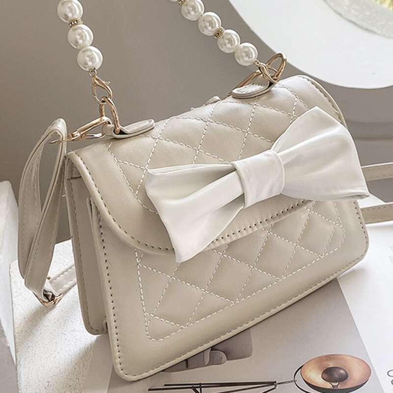 

Bow Decor Quilted Flap Satchel Bag, Beige