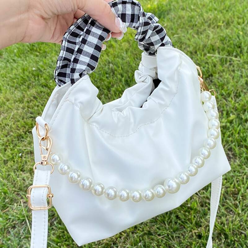 

Faux Pearl Decor Ruched Bag, White