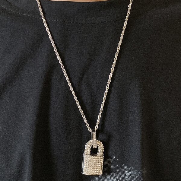 

Men Rhinestone Lock Charm Necklace, Silver
