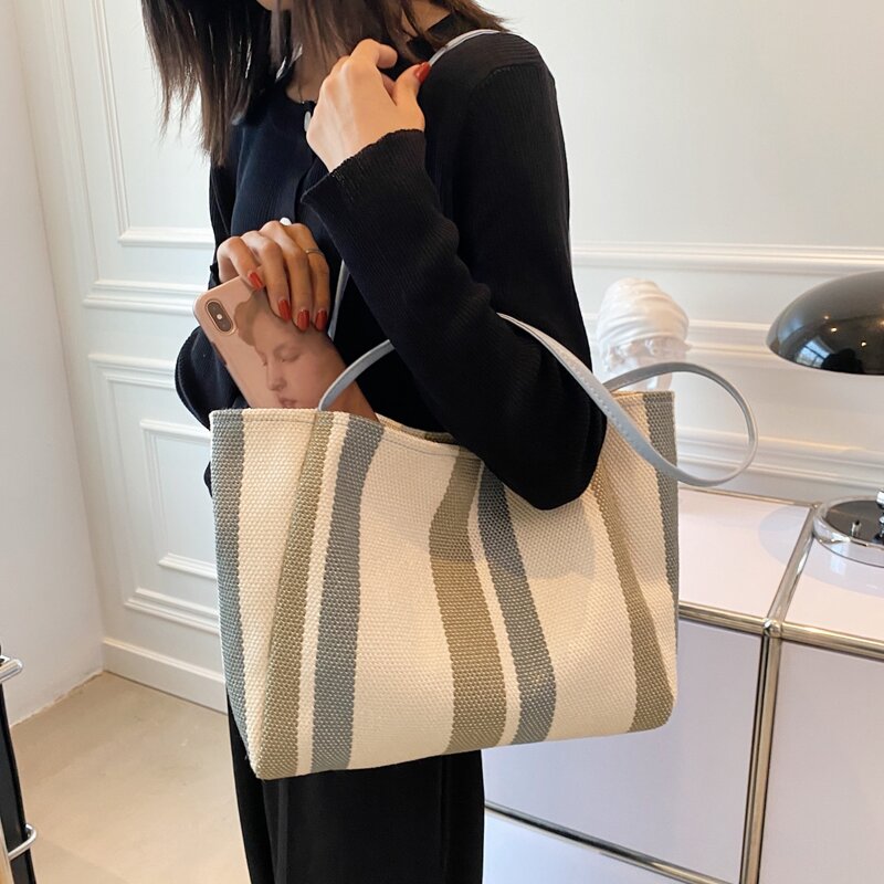 

Striped Pattern Tote Bag, Beige
