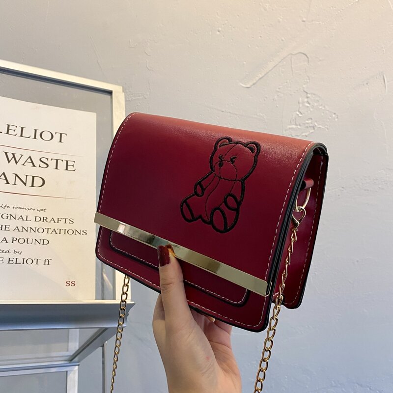 

Cartoon Bear Embroidered Flap Crossbody Bag, Red