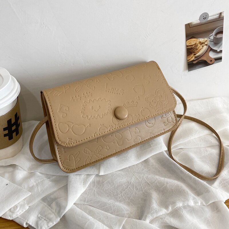 

Cartoon Embossed Flap Crossbody Bag, Khaki