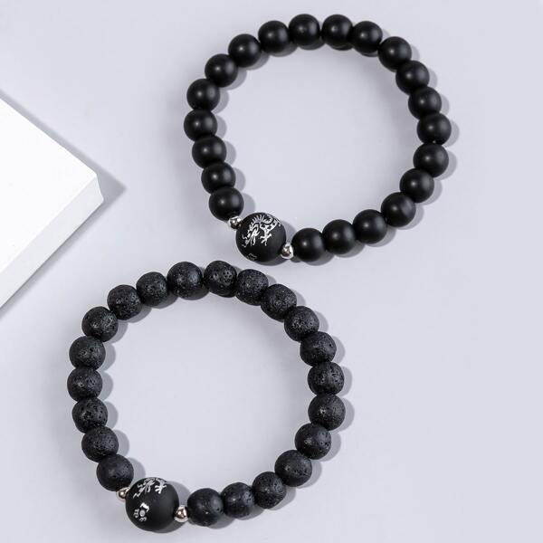 

2pcs Men Chinese Dragon Print Beaded Bracelet, Black