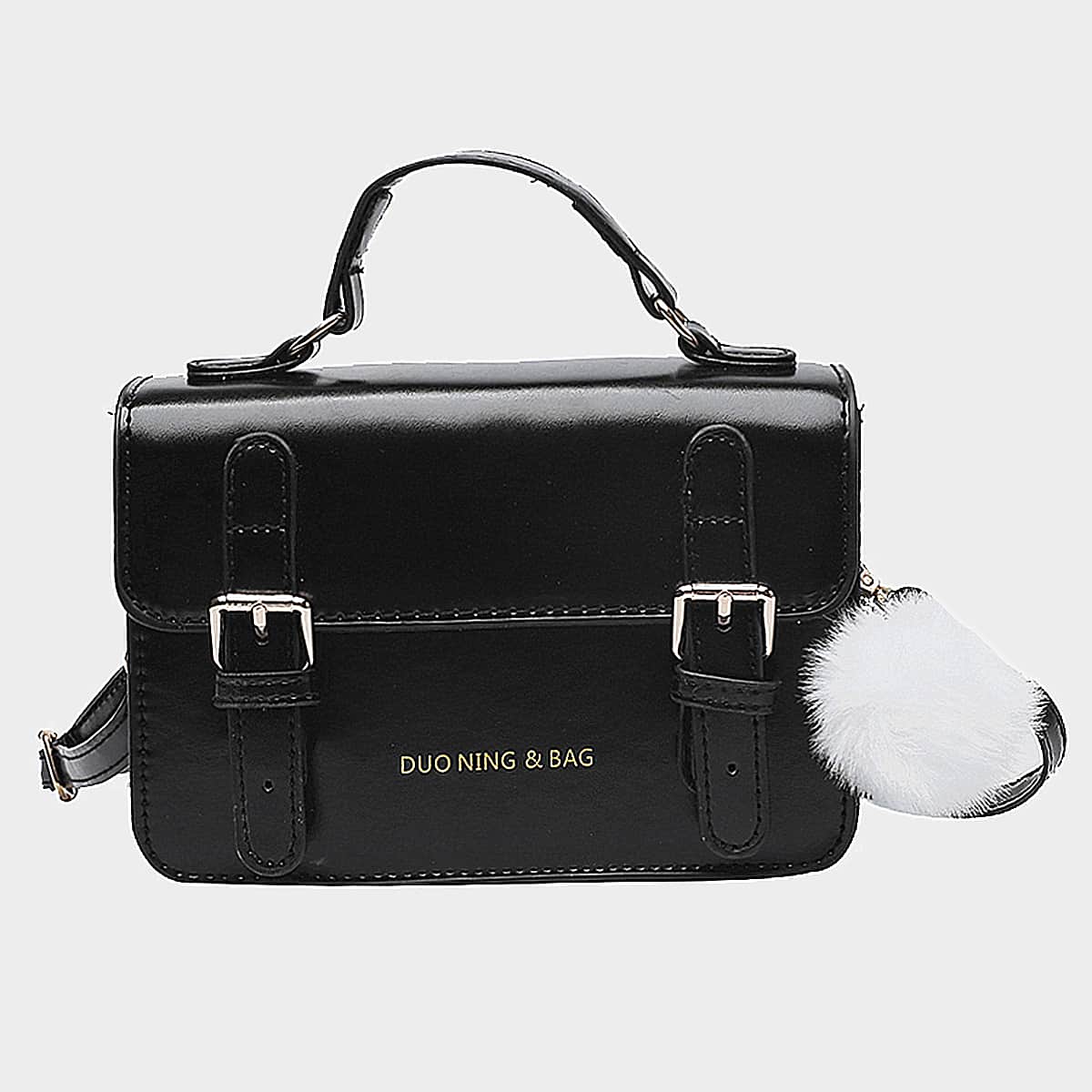 

Buckle Decor Letter Graphic Satchel Bag, Black
