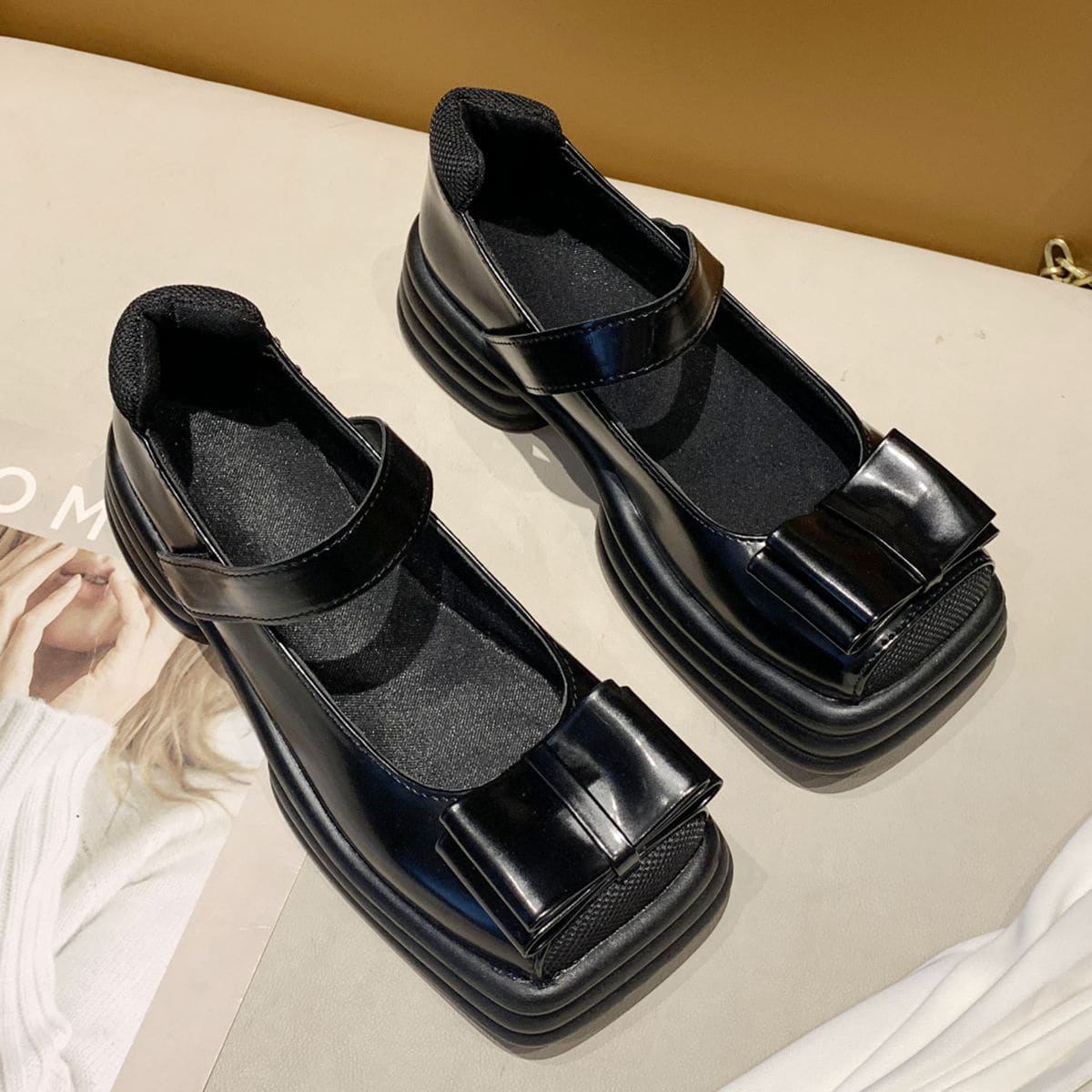 

Bow Decor Platform Mary Janes, Black