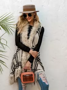 SHEIN Unity Cárdigan con patrón de cuadros de peluche ribete bajo con fleco - Caqui - Ver 1