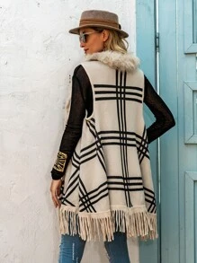 SHEIN Unity Cárdigan con patrón de cuadros de peluche ribete bajo con fleco - Caqui - Ver 2