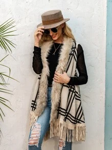 SHEIN Unity Cárdigan con patrón de cuadros de peluche ribete bajo con fleco - Caqui - Ver 5