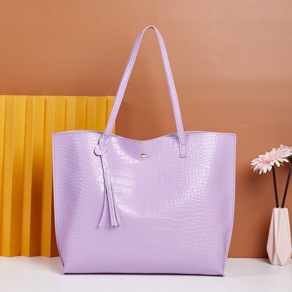 

Croc Embossed Shoulder Tote Bag, Mauve purple