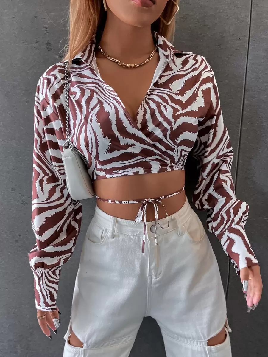 SHEIN Unity Áo sơ mi nữ hở vai kẻ sọc ngựa vằn Criss Cross Knot phía trước - Nhiều màu - Xem 1