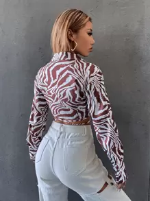 SHEIN Unity Áo sơ mi nữ hở vai kẻ sọc ngựa vằn Criss Cross Knot phía trước - Nhiều màu - Xem 2