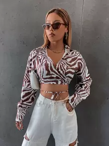 SHEIN Unity Áo sơ mi nữ hở vai kẻ sọc ngựa vằn Criss Cross Knot phía trước - Nhiều màu - Xem 3