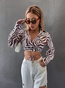 SHEIN Unity Áo sơ mi nữ hở vai kẻ sọc ngựa vằn Criss Cross Knot phía trước - Nhiều màu - Xem 4