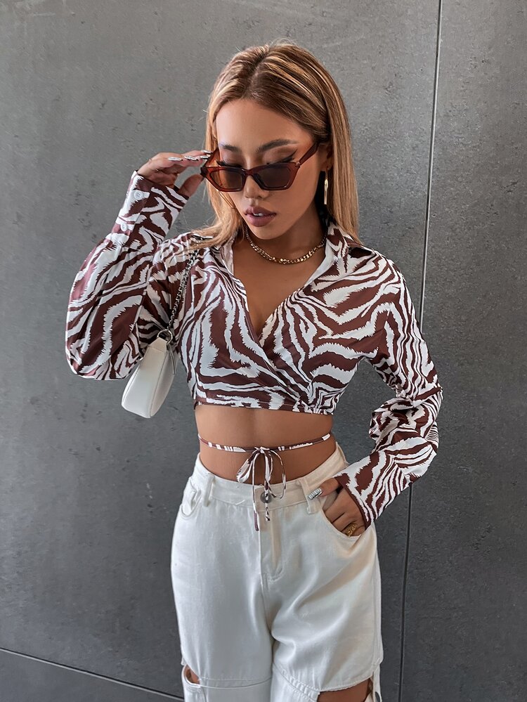 SHEIN Unity Áo sơ mi nữ hở vai kẻ sọc ngựa vằn Criss Cross Knot phía trước - Nhiều màu - Xem 4