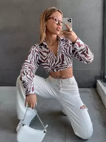 SHEIN Unity Áo sơ mi nữ hở vai kẻ sọc ngựa vằn Criss Cross Knot phía trước - Nhiều màu - Xem 5