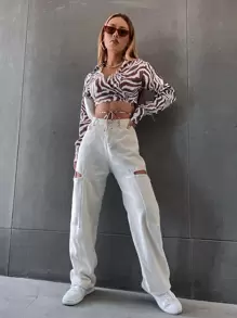 SHEIN Unity Áo sơ mi nữ hở vai kẻ sọc ngựa vằn Criss Cross Knot phía trước - Nhiều màu - Xem 6