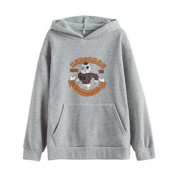 

Dog And Letter Graphic Kangaroo Pocket Drop Shoulder Hoodie, Light grey
