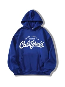 SHEIN EZwear Plus Letter Graphic Drawstring Kangaroo Pocket Drop Shoulder Hoodie - Blue - View 1