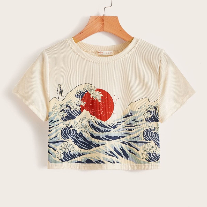 

Sun & Wave Graphic Crop Tee, Beige
