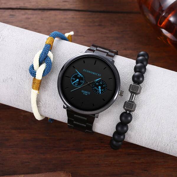 

1pc Men Round Pointer Quartz Watch & 2pcs Bracelet